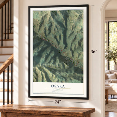 Osaka, Virginia map, 24 x 36 inch print in a black frame by a staircase