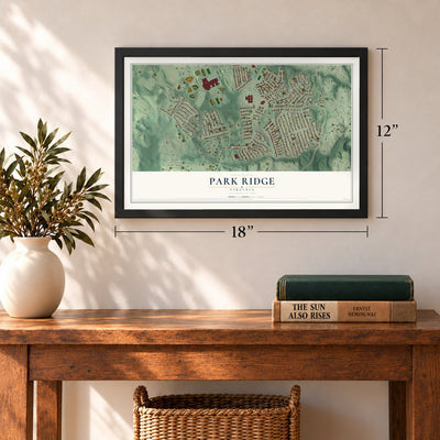Park Ridge, Virginia map, 12 x 18 inch print in a black frame in an entryway