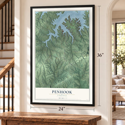 Penhook, Virginia map, 24 x 36 inch print in a black frame by a staircase