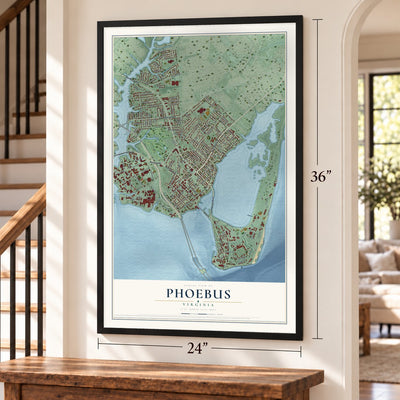 Phoebus, Virginia map, 24 x 36 inch print in a black frame by a staircase