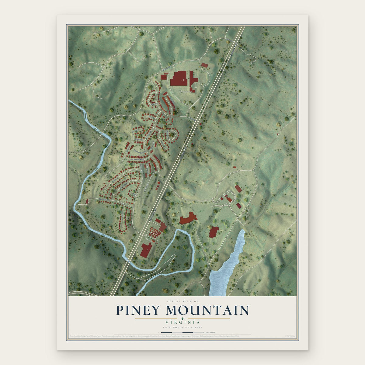 Piney Mountain, Virginia map print, the full design