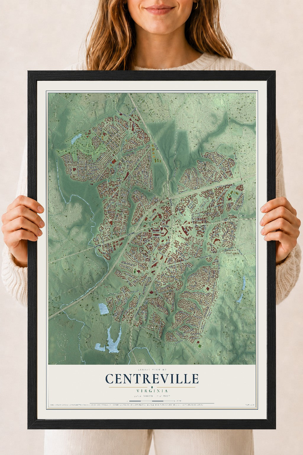 Map of Centreville, Virginia, 18 x 24 inch print in a black wood frame