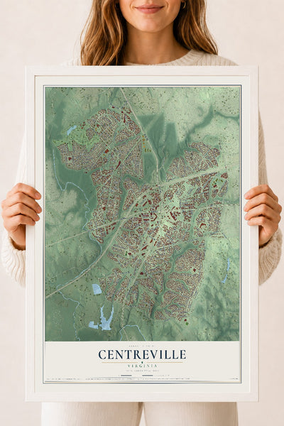 Map of Centreville, Virginia, 18 x 24 inch print in a white wood frame