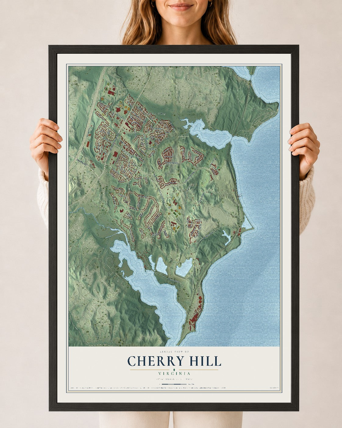 Map of Cherry Hill, Virginia, 24 x 36 inch print in a black wood frame