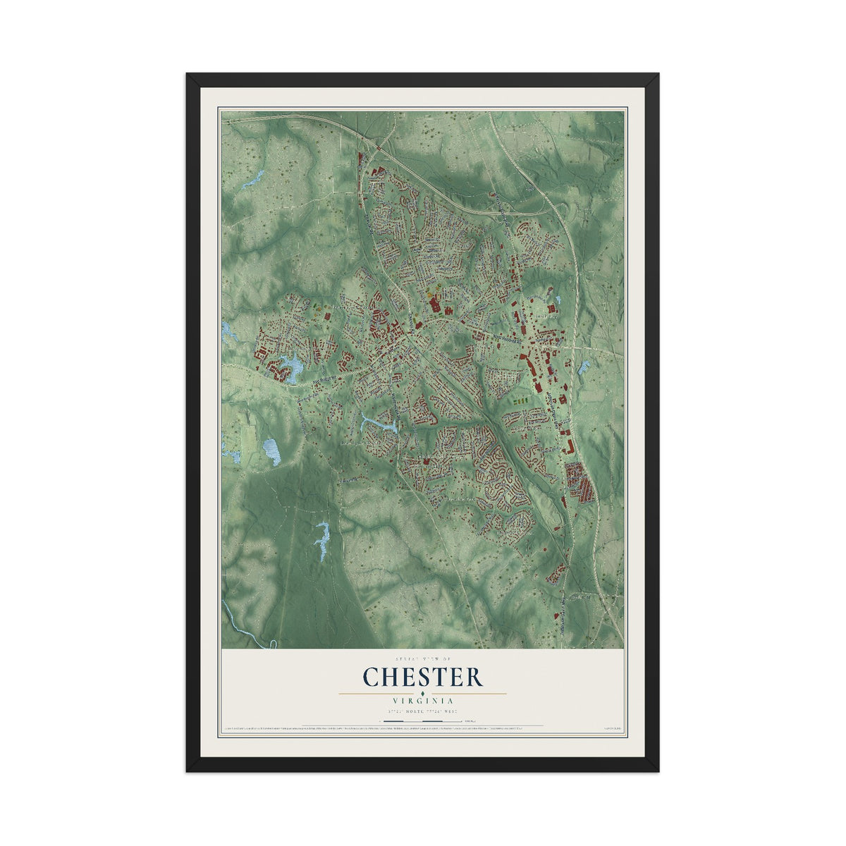 Map of Chester, Virginia, 12 x 18 inch print in a black wood frame