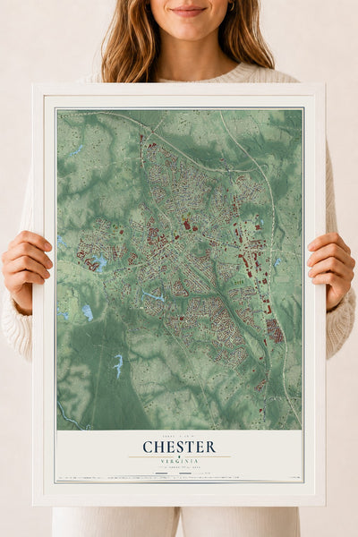 Map of Chester, Virginia, 18 x 24 inch print in a white wood frame