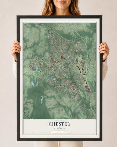 Map of Chester, Virginia, 24 x 36 inch print in a black wood frame