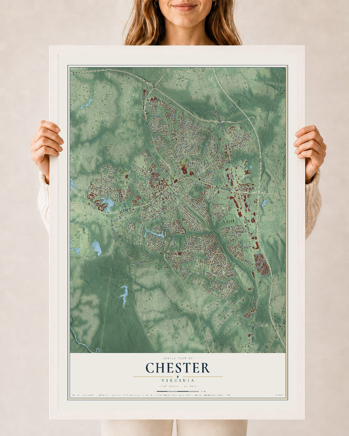 Map of Chester, Virginia, 24 x 36 inch print in a white wood frame
