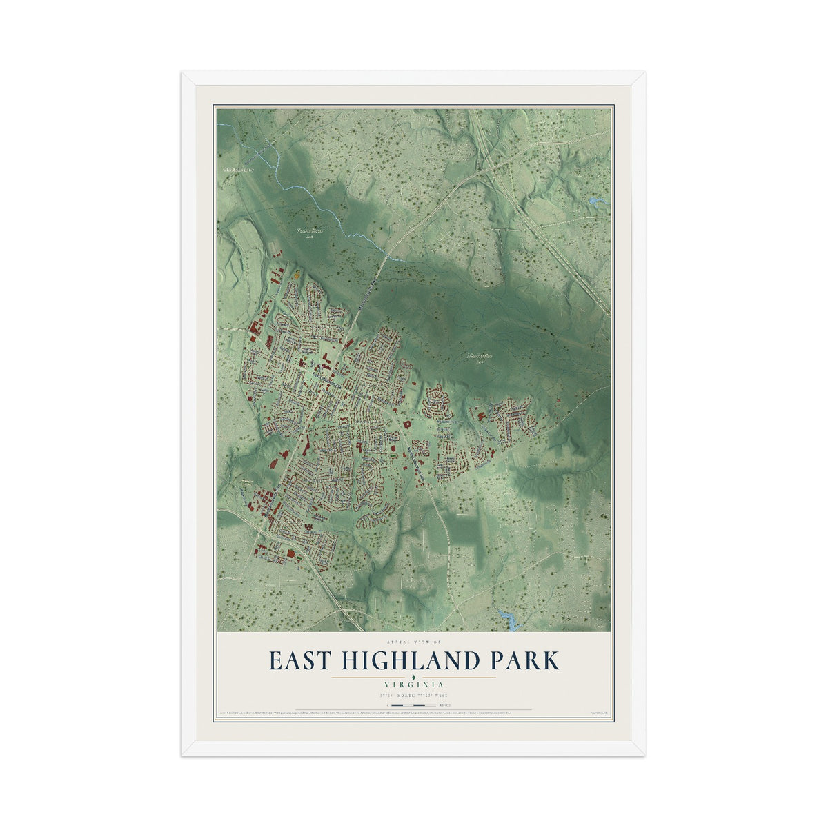 Map of East Highland Park, Virginia, 12 x 18 inch print in a white wood frame