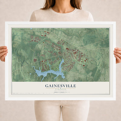 Map of Gainesville, Virginia, 18 x 24 inch print in a white wood frame