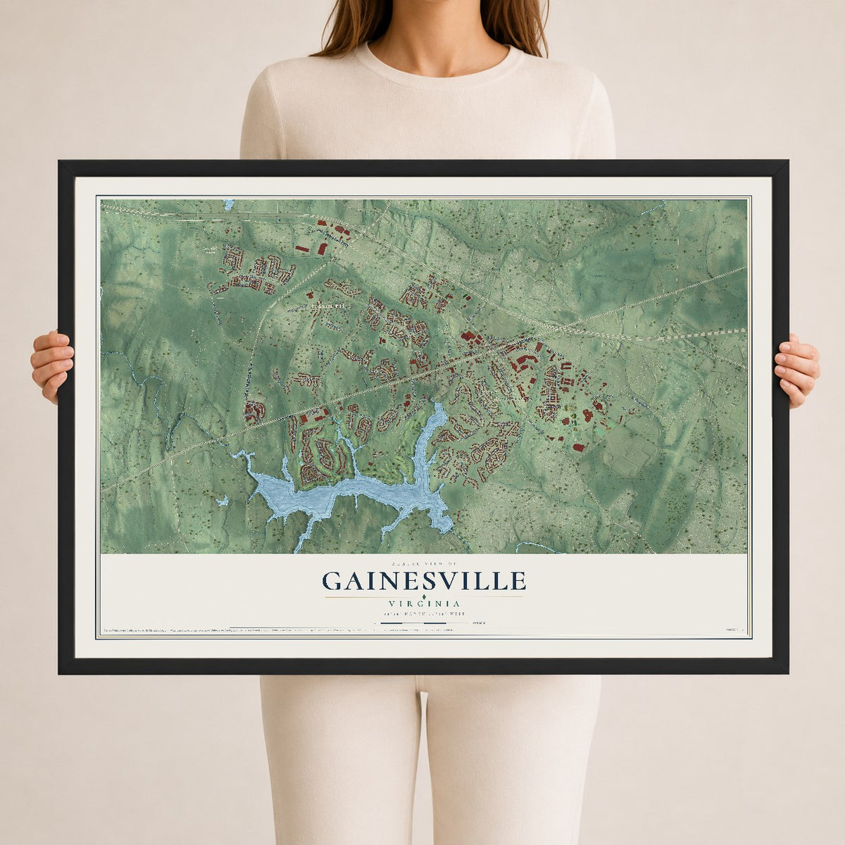 Map of Gainesville, Virginia, 24 x 36 inch print in a black wood frame