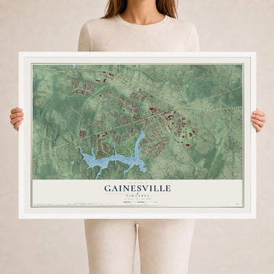Map of Gainesville, Virginia, 24 x 36 inch print in a white wood frame