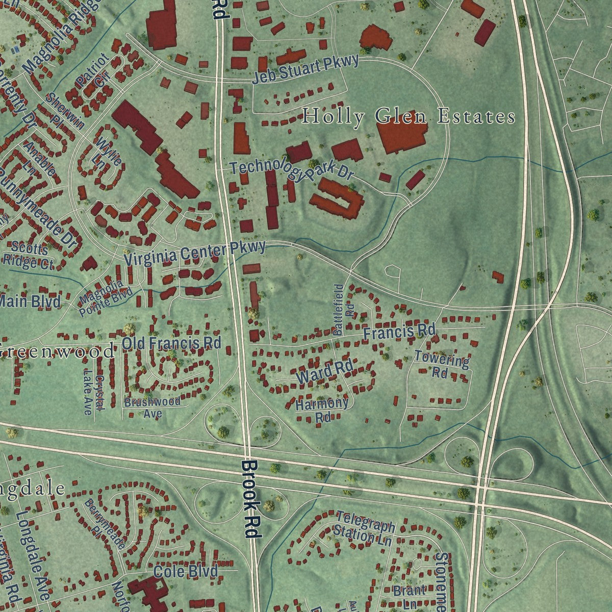 Close-up of the map of Glen Allen, Virginia print showing street and building detail