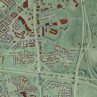 Close-up of the map of Glen Allen, Virginia print showing street and building detail