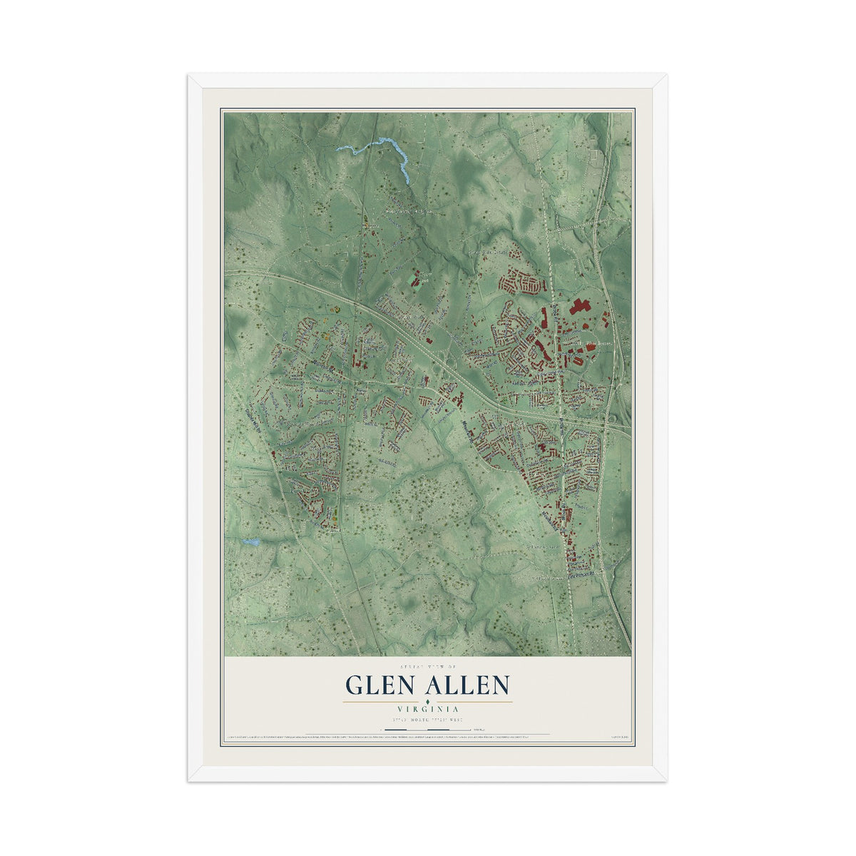 Map of Glen Allen, Virginia, 12 x 18 inch print in a white wood frame