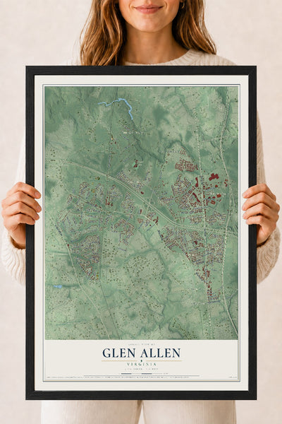 Map of Glen Allen, Virginia, 18 x 24 inch print in a black wood frame