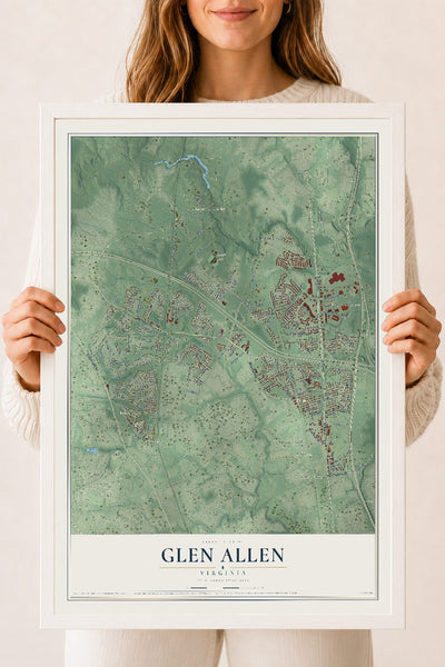 Map of Glen Allen, Virginia, 18 x 24 inch print in a white wood frame