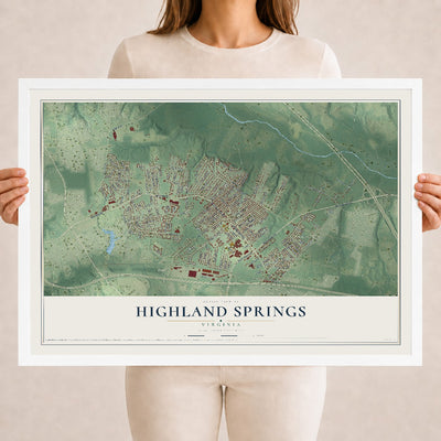 Map of Highland Springs, Virginia, 18 x 24 inch print in a white wood frame