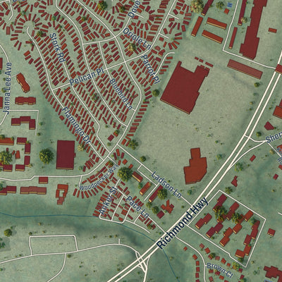Close-up of the map of Hybla Valley, Virginia print showing street and building detail
