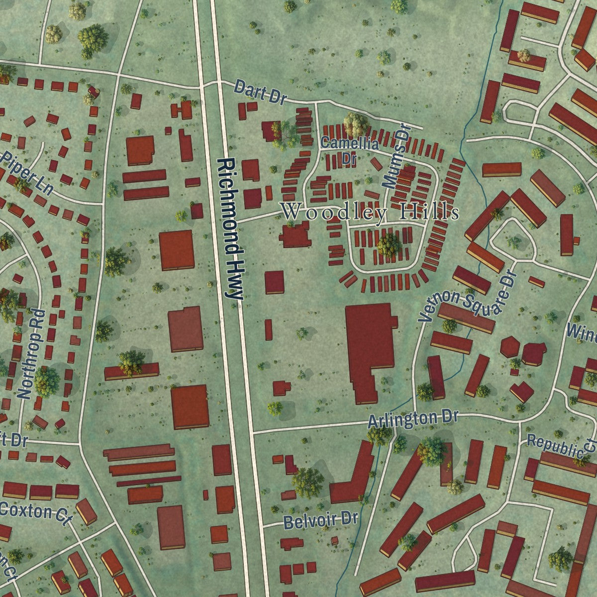 Second close-up of the map of Hybla Valley, Virginia print showing more streets and buildings