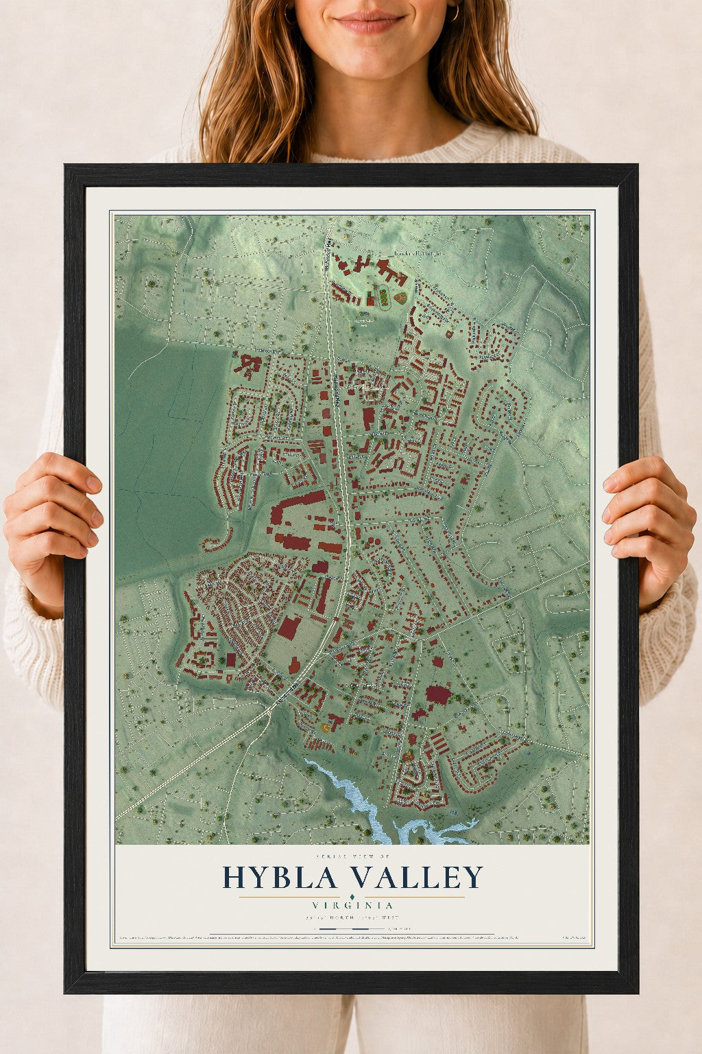 Map of Hybla Valley, Virginia, 18 x 24 inch print in a black wood frame