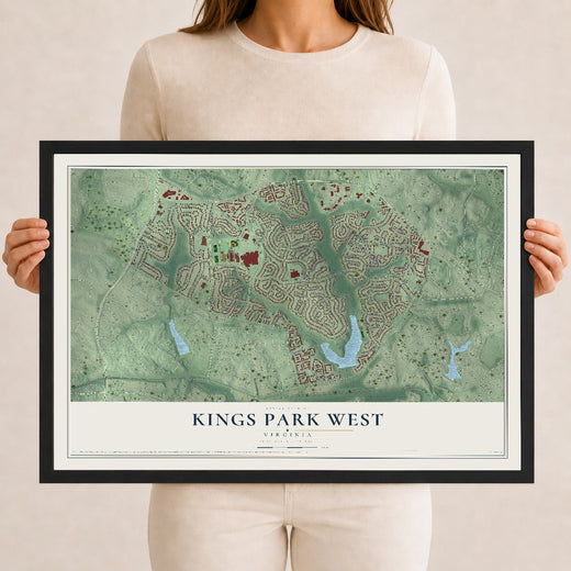 Map of Kings Park West, Virginia, 12 x 18 inch print in a black wood frame