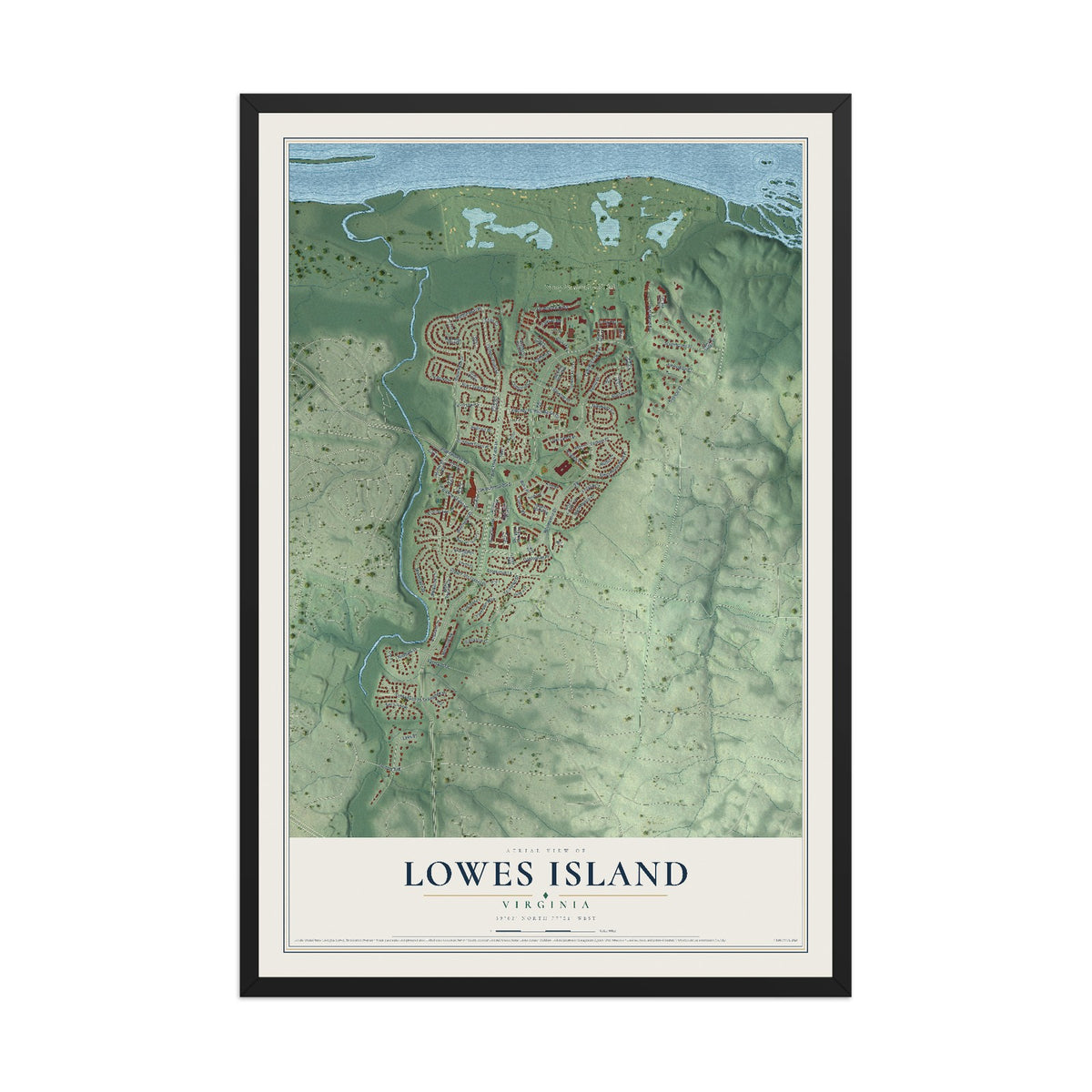 Map of Lowes Island, Virginia, 12 x 18 inch print in a black wood frame