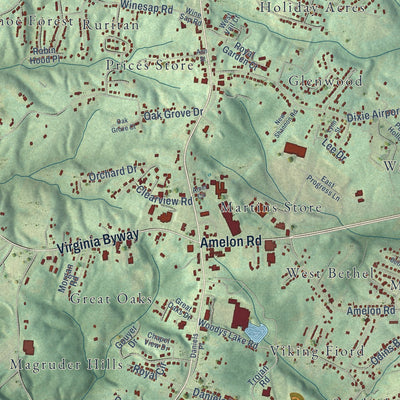Close-up of the map of Madison Heights, Virginia print showing street and building detail
