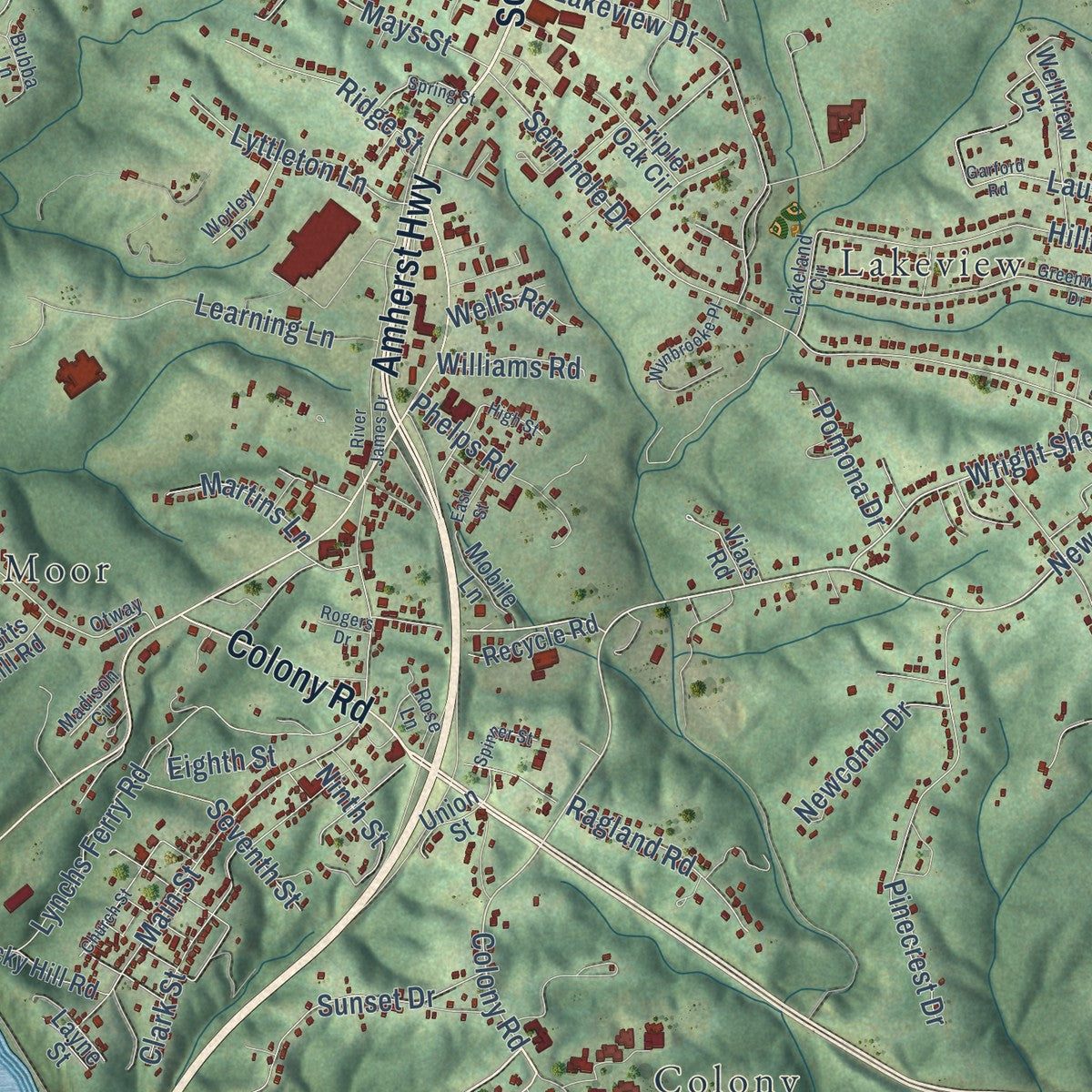 Second close-up of the map of Madison Heights, Virginia print showing more streets and buildings