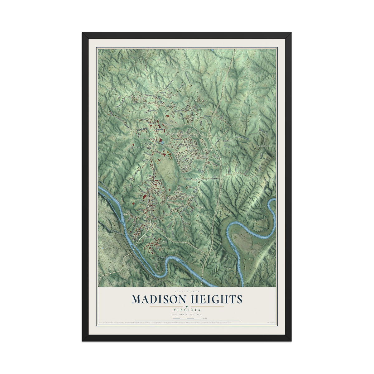 Map of Madison Heights, Virginia, 12 x 18 inch print in a black wood frame