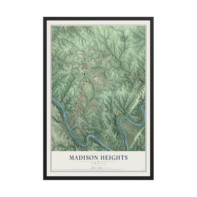 Map of Madison Heights, Virginia, 12 x 18 inch print in a black wood frame