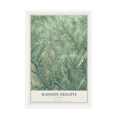 Map of Madison Heights, Virginia, 12 x 18 inch print in a white wood frame
