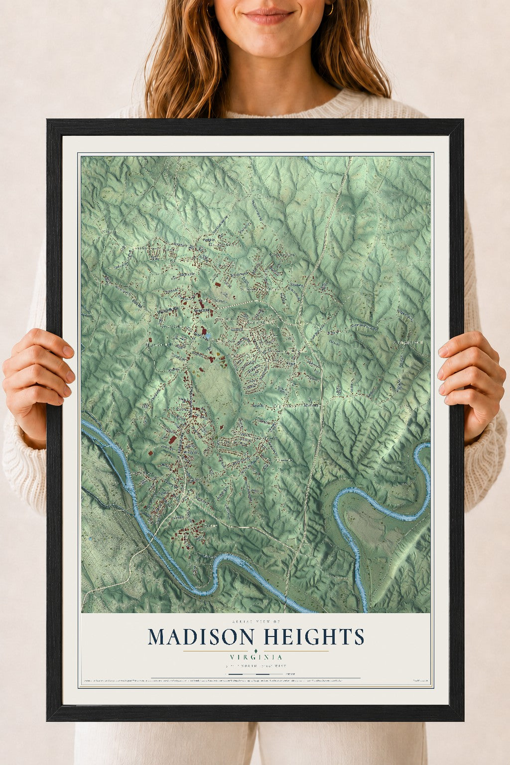 Map of Madison Heights, Virginia, 18 x 24 inch print in a black wood frame