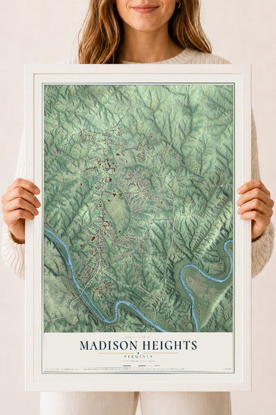 Map of Madison Heights, Virginia, 18 x 24 inch print in a white wood frame