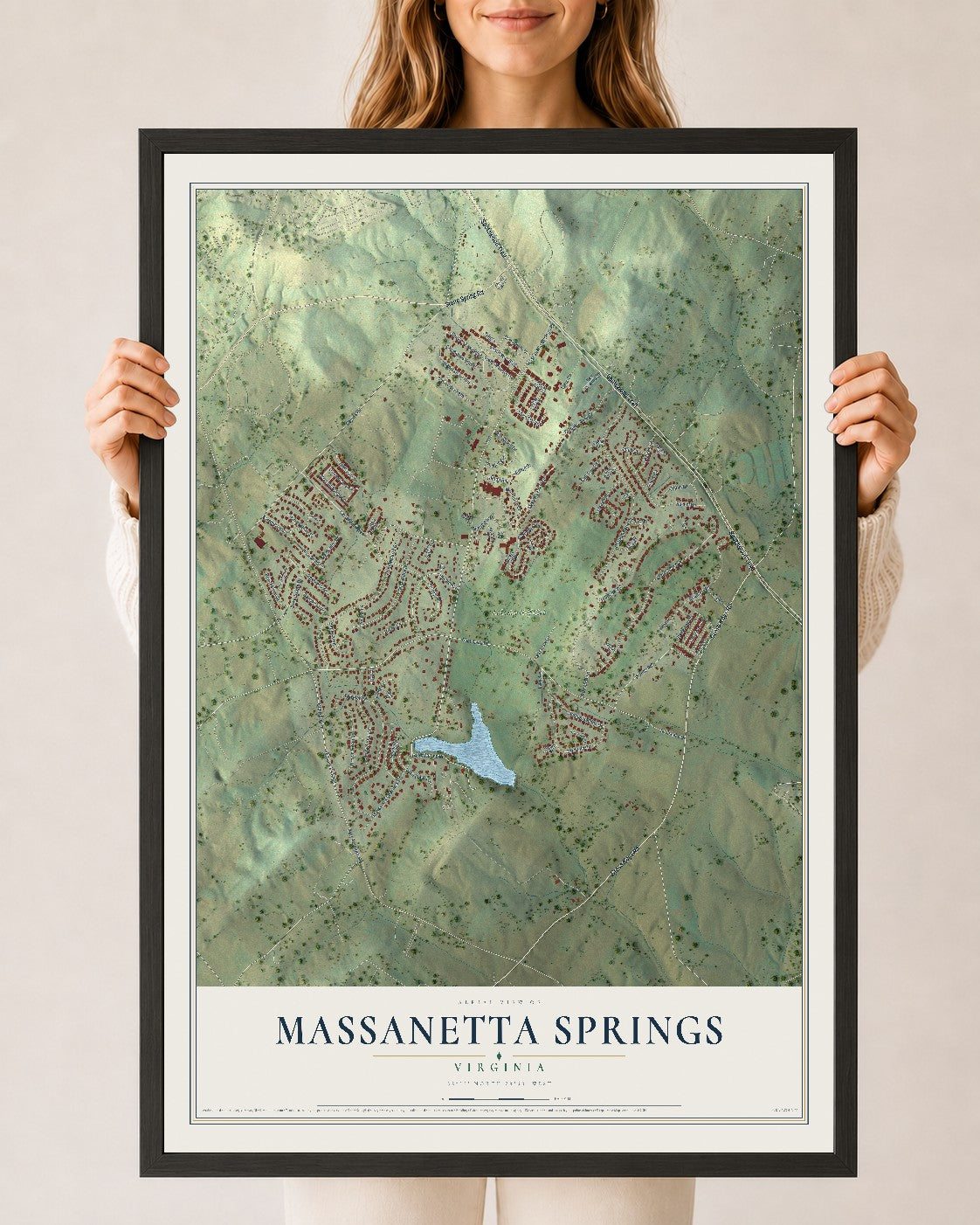 Map of Massanetta Springs, Virginia, 24 x 36 inch print in a black wood frame