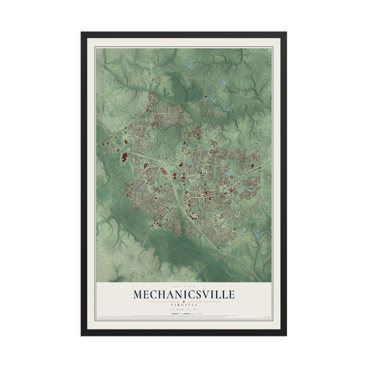 Map of Mechanicsville, Virginia, 12 x 18 inch print in a black wood frame