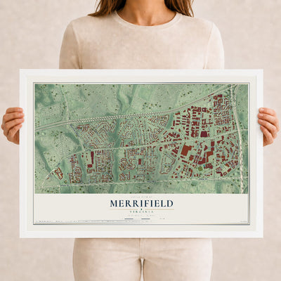 Map of Merrifield, Virginia, 12 x 18 inch print in a white wood frame
