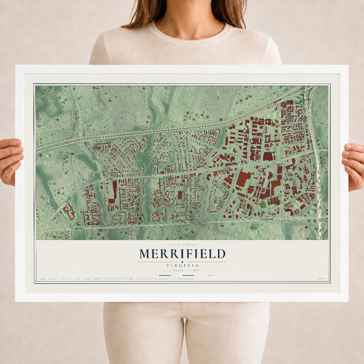 Map of Merrifield, Virginia, 18 x 24 inch print in a white wood frame