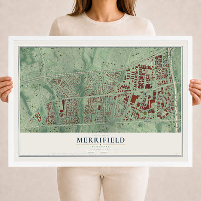 Map of Merrifield, Virginia, 18 x 24 inch print in a white wood frame