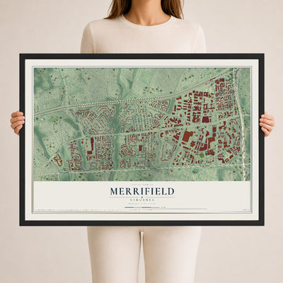 Map of Merrifield, Virginia, 24 x 36 inch print in a black wood frame