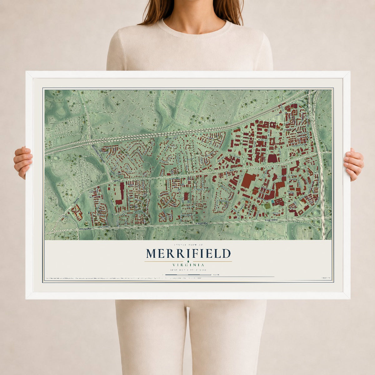 Map of Merrifield, Virginia, 24 x 36 inch print in a white wood frame