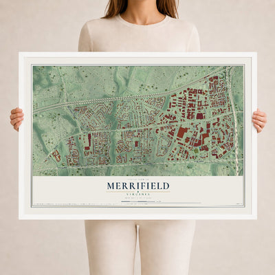 Map of Merrifield, Virginia, 24 x 36 inch print in a white wood frame