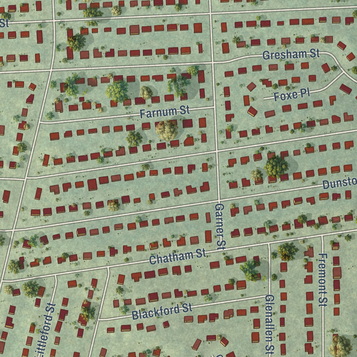 Close-up of the map of North Springfield, Virginia print showing street and building detail