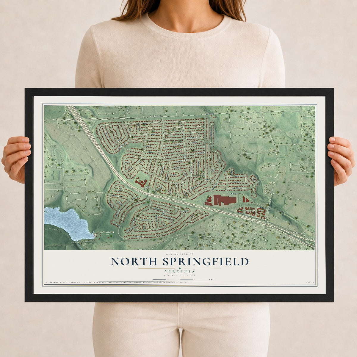 Map of North Springfield, Virginia, 12 x 18 inch print in a black wood frame