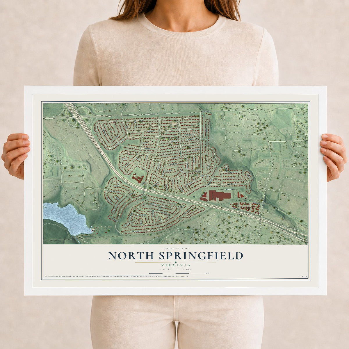 Map of North Springfield, Virginia, 12 x 18 inch print in a white wood frame