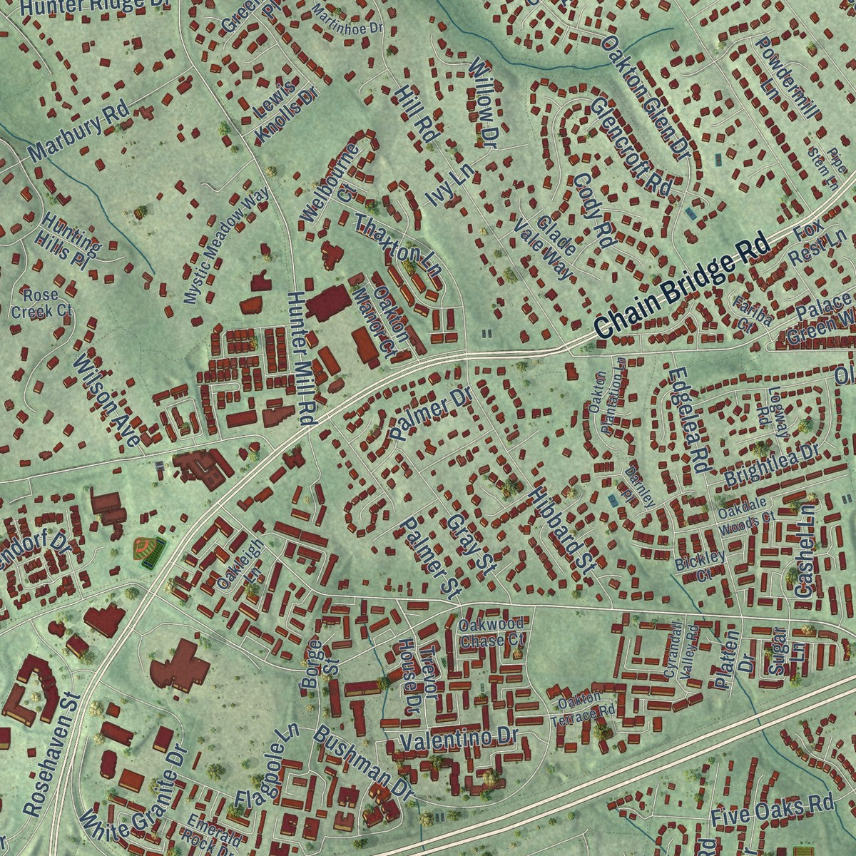 Close-up of the map of Oakton, Virginia print showing street and building detail