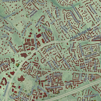 Close-up of the map of Oakton, Virginia print showing street and building detail