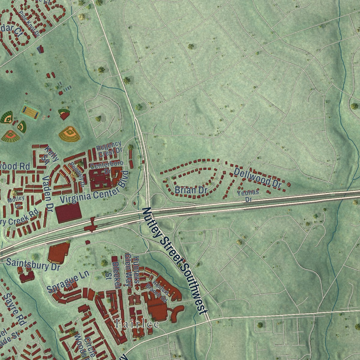Second close-up of the map of Oakton, Virginia print showing more streets and buildings