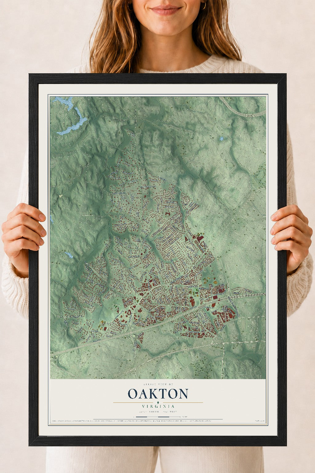 Map of Oakton, Virginia, 18 x 24 inch print in a black wood frame