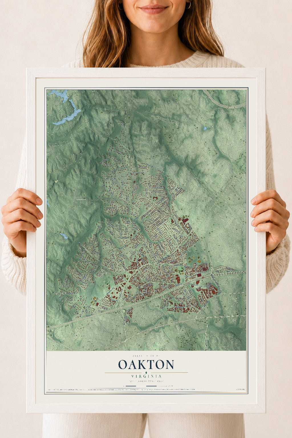 Map of Oakton, Virginia, 18 x 24 inch print in a white wood frame